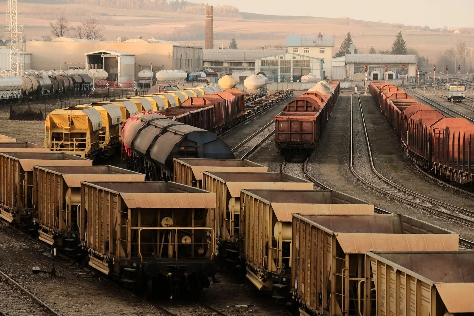 Rows of freight wagons on parallel tracks in a rail yard: open-top wagons in the foreground, covered hoppers and tank wagons behind, and signals, sheds and farmland in the distance.